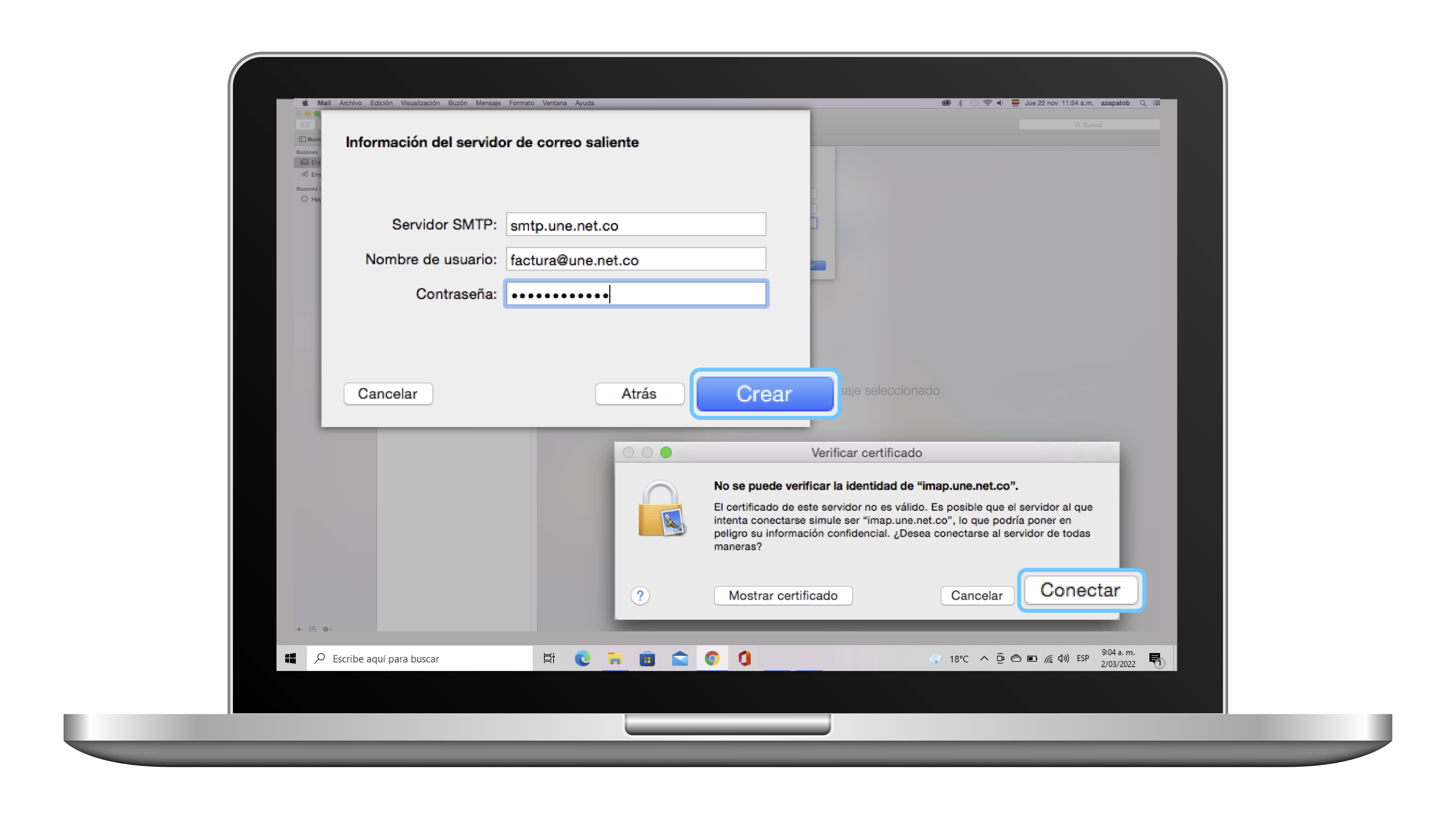 aw-configurar correo UNE en Mac